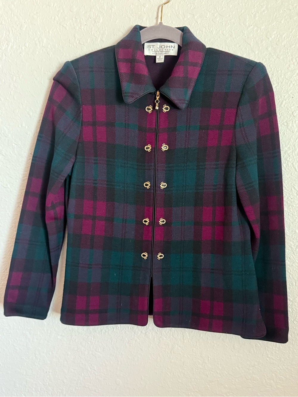 St. John Collection Teal and Plum Plaid Knit Blazer